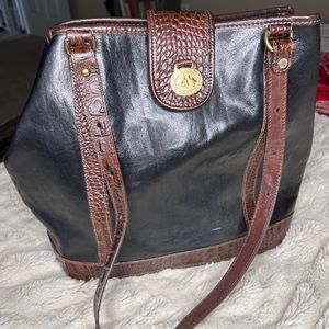 Vintage Brahmin Smooth Black Leather with Brown Croc Trim Tote Bag
